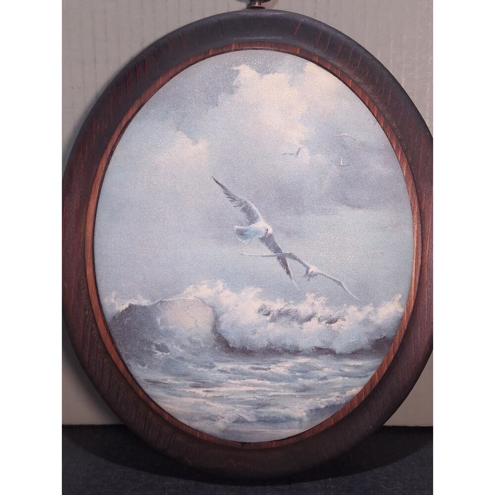 Pams Pleasantries Beaded Glass Plaque Seagulls Ocean Waves Oval Wall Art 12x10.5